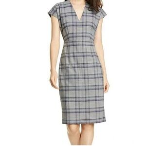 Lewit Lydia Ivory Navy Wool Blend Glen Plaid Pencil Dress Size 4